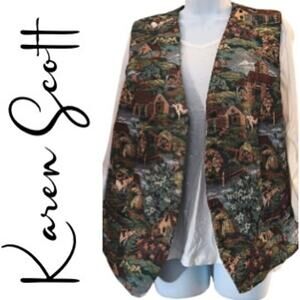 Karen Scott Tapestry Vest Button Front Sleeveless Top